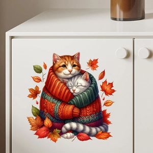 Waterproof adhesive wall decal featuring cats in sweaters and autumn maple leaves decor