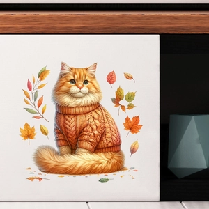 Detail of waterproof wall sticker showing a cute ginger cat in sweater with autumn leaves