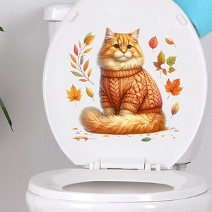 Detail of waterproof toilet lid sticker with long-haired orange cat and autumn maple leaves
