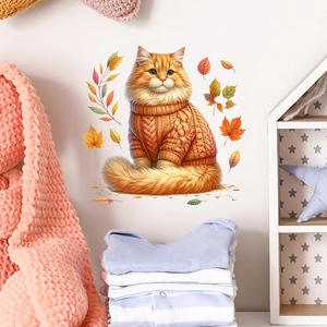 Self-adhesive cat wall decal with orange sweater and autumn leaves on white wall