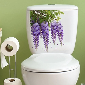 Detailed close-up of purple wisteria flower stickers on a white ceramic toilet tank