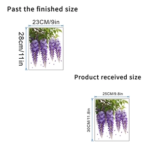 Detailed size chart for purple wisteria flower wall stickers showing sheet and layout dimensions