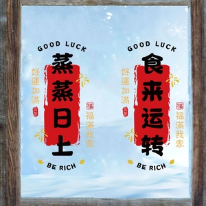 Detail of 2026 Chinese New Year electrostatic stickers with red festive themes on glass