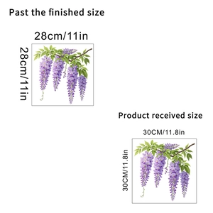 Detail of purple wisteria wall decals showing dimensions 28x28cm for bathroom decor