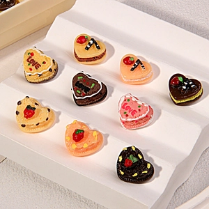 Miniature resin heart cakes with LOVE text and strawberry toppings for DIY crafts