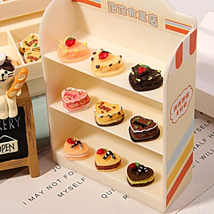 Miniature resin heart cake set with cat baker and cream display shelf for DIY crafts