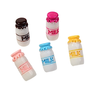 Set of five miniature colorful resin milk bottles with milk engraving for dollhouse decor
