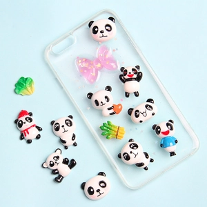 Cute panda DIY resin charms with green bamboo shoots and pink bows for phone case decoration