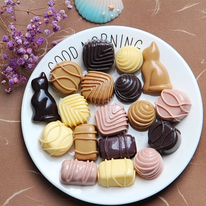 Assorted DIY resin chocolate charms in cat and geometric shapes on a white plate