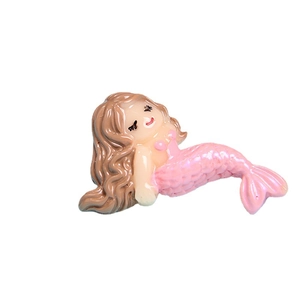 Cute resin mermaid figurine for DIY crafts with pearlescent pink tail and brown hair