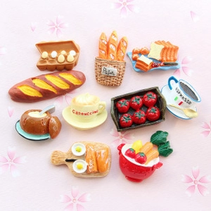 Detailed flat lay of 10 miniature food models including resin bread and coffee sets