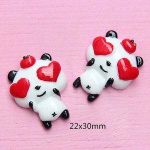 Cute panda resin charm with red heart and apple for DIY crafts, size 22x30mm