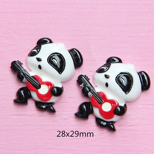 Cartoon panda resin cabochon holding a red guitar for DIY craft decoration 28x29mm