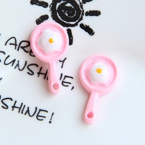 Miniature pink resin frying pans with fried eggs for DIY jewelry and dollhouse accessories