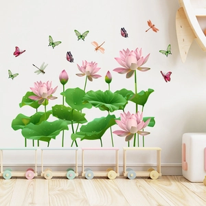 Waterproof PVC Lotus Lily Pad Wall Sticker For Living Room Bedroom Floral Butterfly Dragonfly Self Adhesive Mural Decal