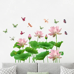 Waterproof lotus leaf and flower wall stickers with butterfly decor for living room