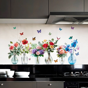 Waterproof 3D flower vase wall stickers with realistic roses and butterflies on tile