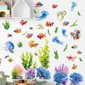 Ocean World Underwater Fish Jellyfish Coral Seaweed Wall Stickers PVC Waterproof Self Adhesive Living Room Bathroom Mural