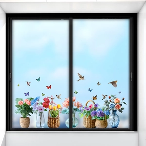 Autocollants statiques pour fenêtres avec colibris et fleurs pour décoration intérieure en verre