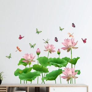 Waterproof self-adhesive wall stickers with pink lotus, green leaves and butterflies