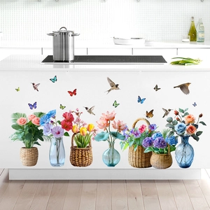 Hummingbird Butterfly Flower Vase Wall Stickers PVC Self Adhesive Floral Decals For Living Room Bedroom Kitchen Home Decor