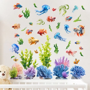 Self-adhesive underwater world wall stickers with colorful fish, jellyfish and coral
