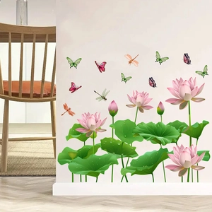 Detail of pink lotus flowers and green lily pad wall stickers in a cozy living room scene