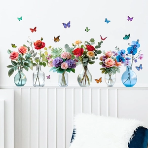 Floral wall decals featuring vases of roses and peonies with colorful butterflies decor