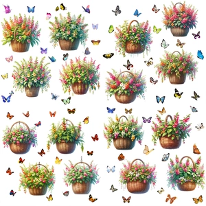 Stickers muraux panier de fleurs et papillons pour décor de salon et de chambre