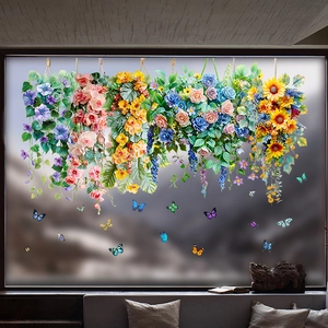 Static cling window film with colorful sunflower flower baskets and butterfly wall decals