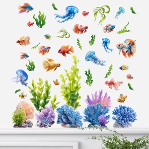 Self-adhesive undersea world wall decals with colorful fish, jellyfish and coral reefs