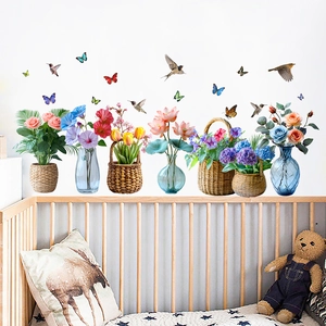 Self-adhesive wall decals set featuring hummingbirds, butterflies, and flowers in vases
