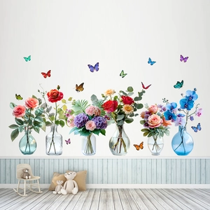 Floral wall stickers with rose and butterfly motifs for a cozy home living room decoration