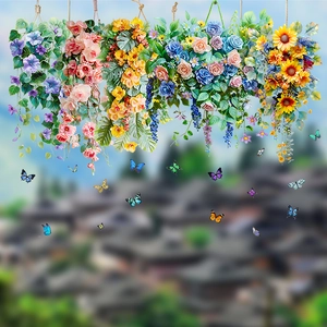 Sunflower and floral vine static cling decals with colorful butterflies for glass windows