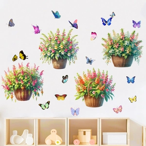 Stickers muraux imperméables avec paniers de fleurs et papillons colorés pour salon