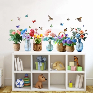 Self-adhesive floral wall stickers featuring hummingbirds, butterflies, and colorful flower vases
