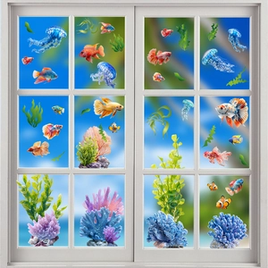Stickers électrostatiques monde sous-marin avec poissons tropicaux et méduses pour fenêtres