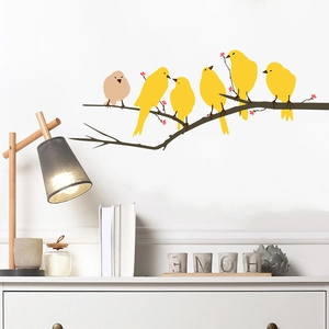 Self-adhesive wall sticker featuring yellow birds on tree branches for home decoration