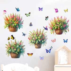 Détail de stickers muraux paniers de fleurs colorés avec papillons pour décor de chambre