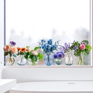 Static cling glass stickers featuring 7 unique floral vase designs for home decoration