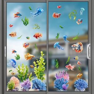 Autocollants Statiques Pour Fenêtres Monde Sous-marin Poisson Algues PVC Imperméable Stickers Verre Pour Fenêtre Frigo Maison