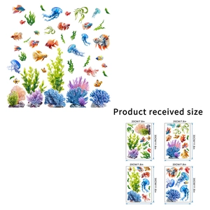 Ocean world static stickers set with colorful jellyfish and tropical fish, 4 sheets 20x30cm