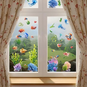 Stickers de fenêtre vie marine colorée avec corail, méduse et poissons pour déco intérieure