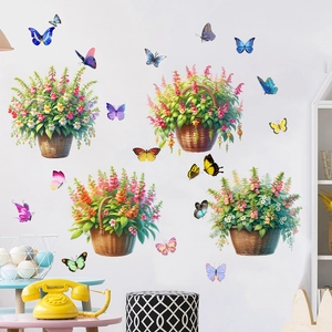 Détail de stickers muraux étanches en PVC avec paniers de fleurs et papillons colorés