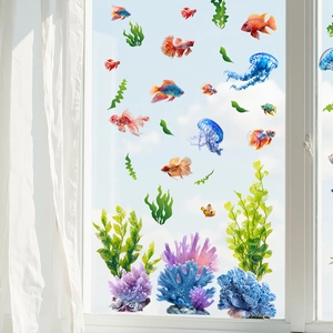 Autocollants statiques océan avec poissons tropicaux et méduses pour fenêtres