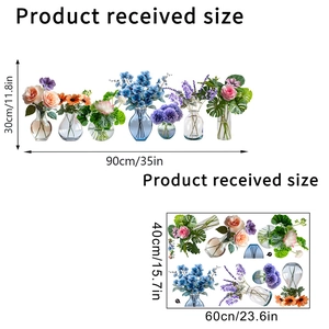 Floral glass vase window static stickers set with pink roses and blue orchids 30x90cm