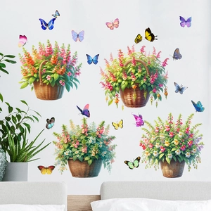 Détail de stickers muraux imperméables avec paniers de fleurs et papillons colorés