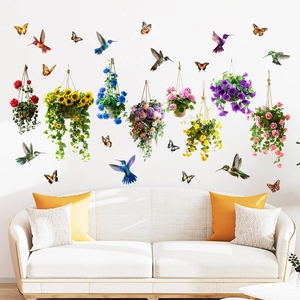 Waterproof PVC Wall Stickers With Hummingbirds Butterflies Sunflower Flower Basket Decals For Living Room Bedroom Decor