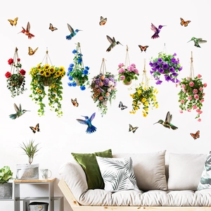 Detail of sunflower and flower basket wall stickers with hummingbirds and butterflies
