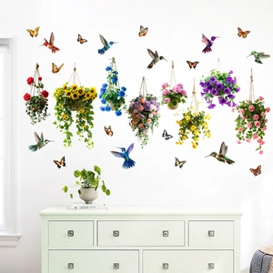 Self-adhesive sunflower hanging basket wall stickers with butterflies and hummingbirds